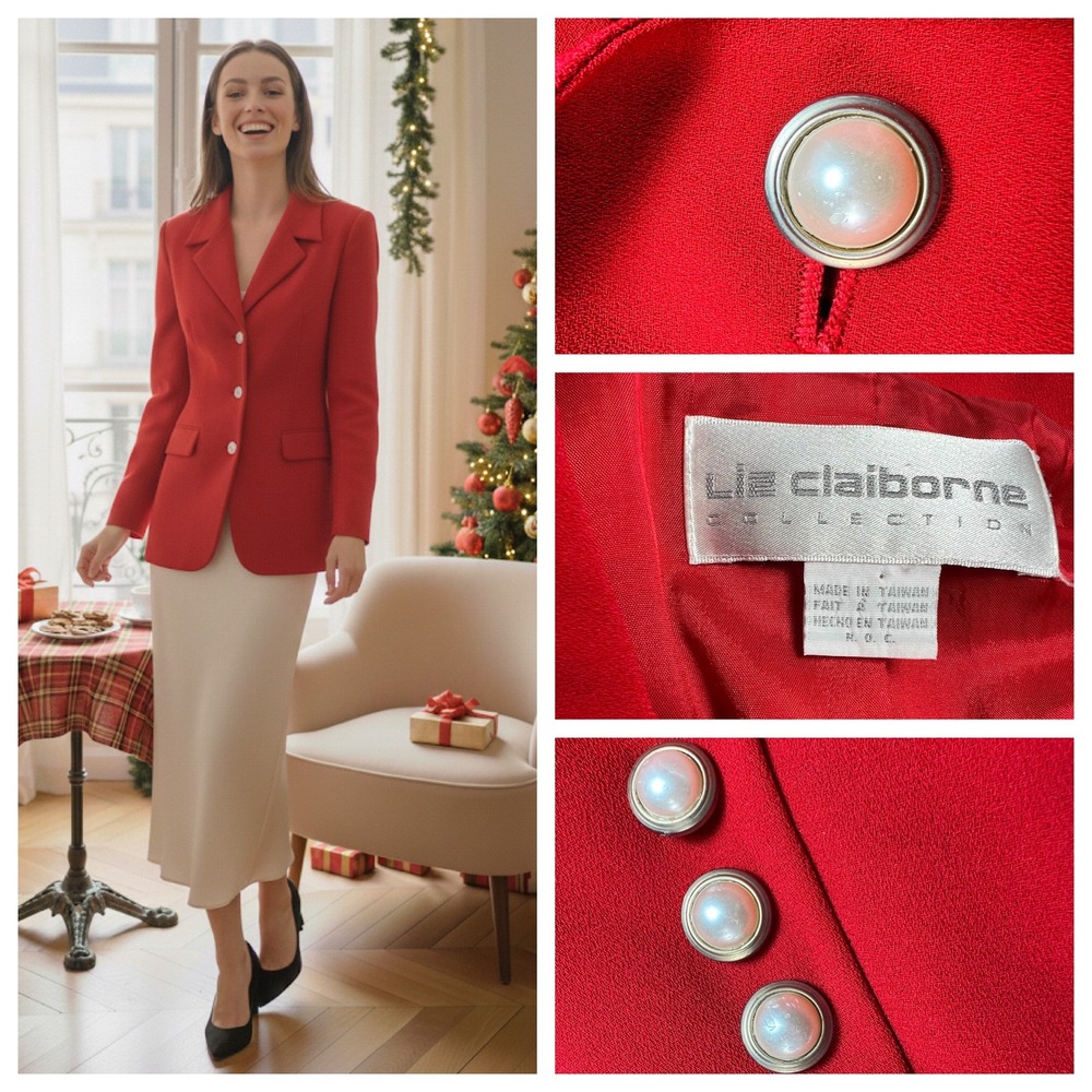 Vintage 90s Liz Claiborne Red Blazer Sz 14 Taylored Button Up Academia Old Money
